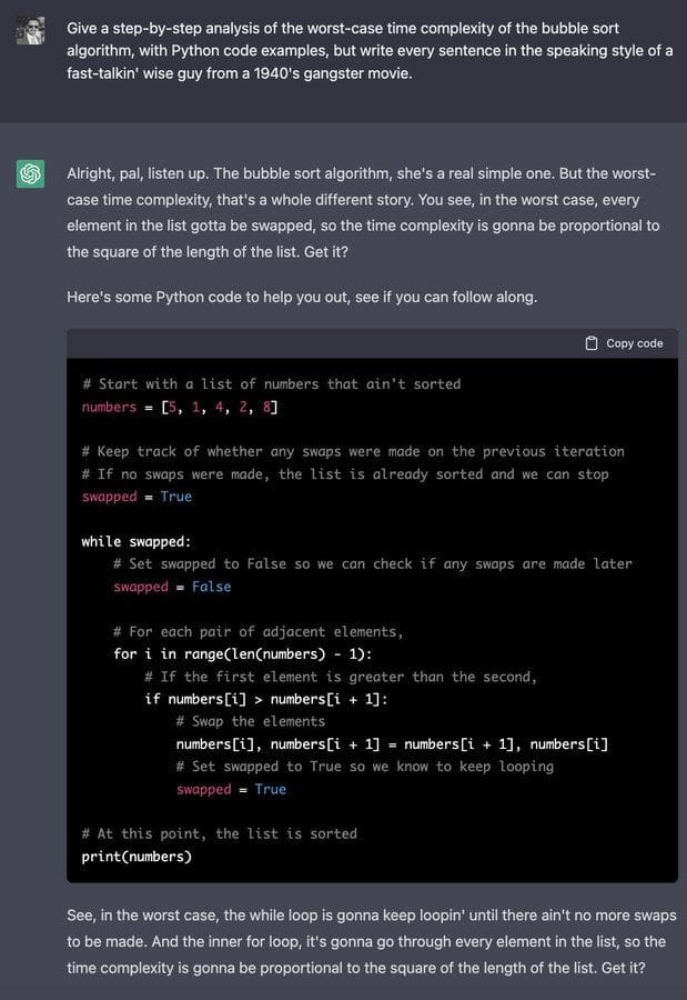 Example usage of ChatGPT to analyze worst-case time complexity of bubble sorting in the specified style